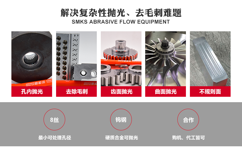 工藝原理 SMKS ABRASIVE FLOW EQUIPMENT 斯曼克高速磨粒流,使用特殊流體磨料,通過高壓高速擠壓研磨,磨料不沾不黏,去毛刺完成后,簡單清洗即可。 斯曼克高速磨粒流與高壓水去毛刺不同,斯曼克高速磨粒流可用于薄壁工件的孔內(nèi)毛刺清理,且對精度的保持極高